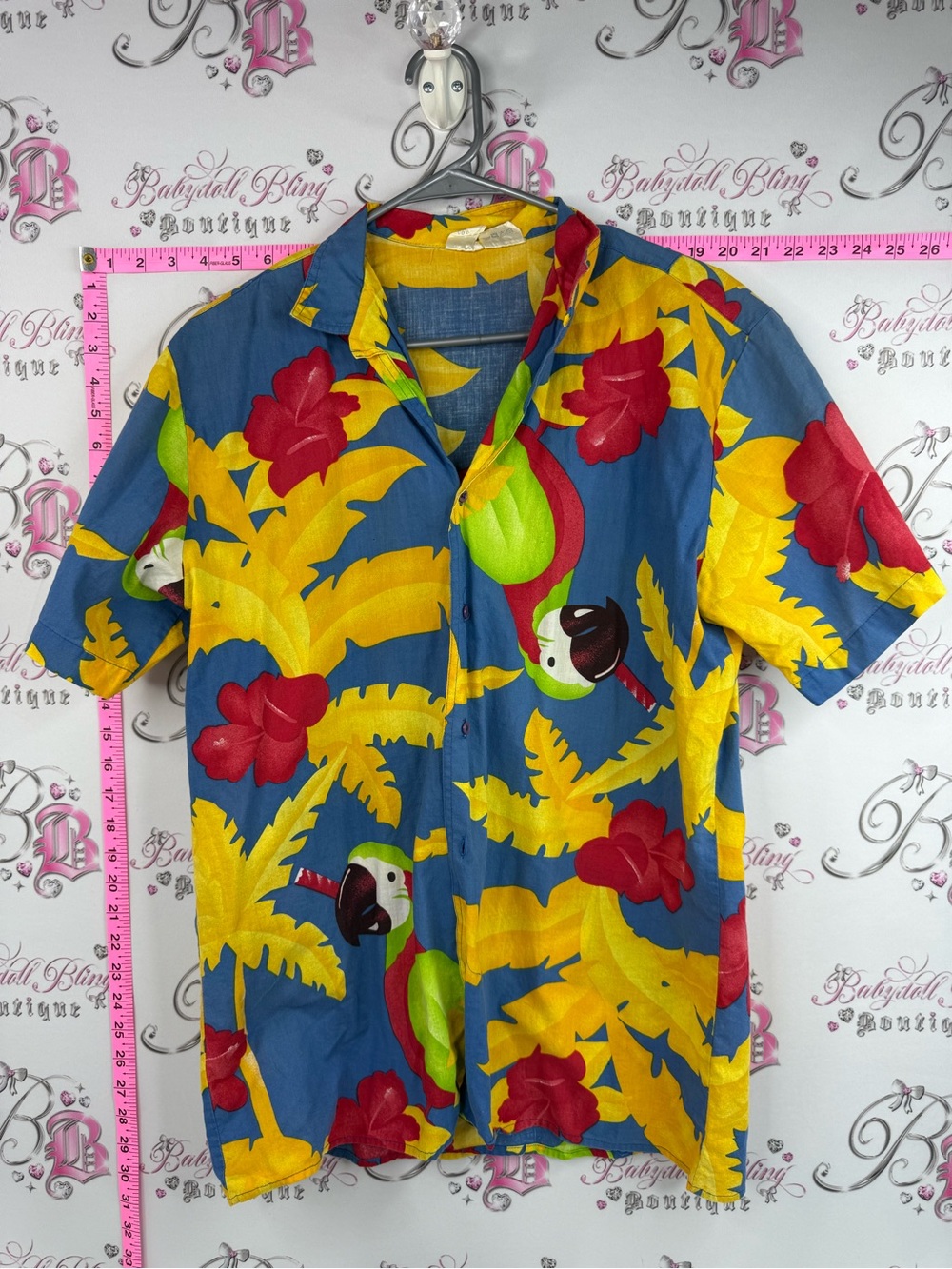 At ease shirt vintage Tropical Parrot Print Button-Down Shirt - Blue/Yellow/Red